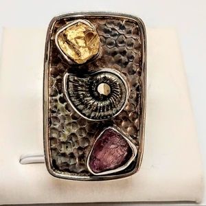 Pyritized Ammonite and Tourmaline Sterling Ring
